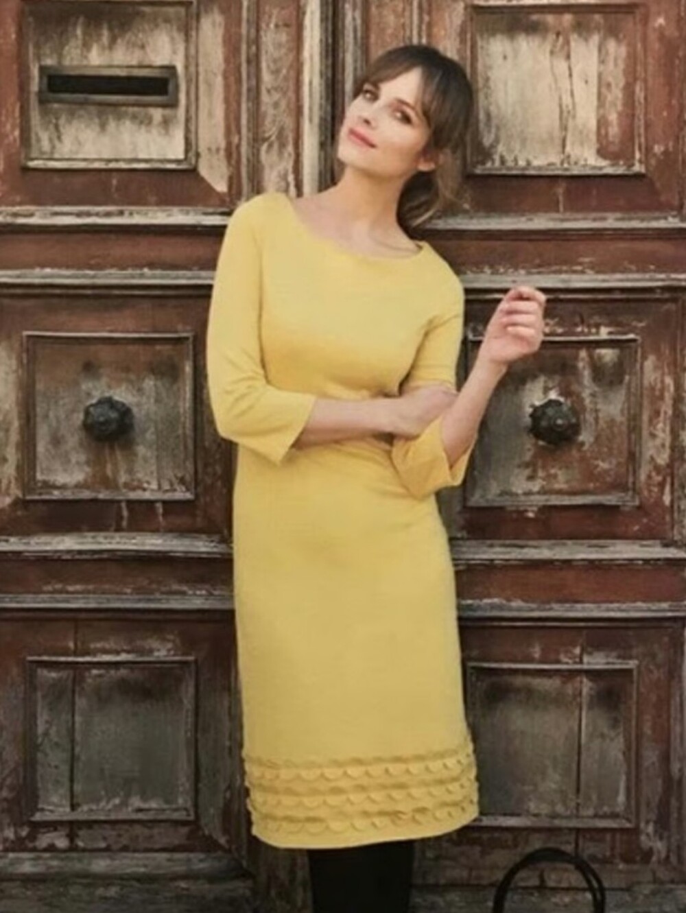 Boden Mustard Yellow 3/4 Sleeve Midi Dress with Circle Applique Hem.